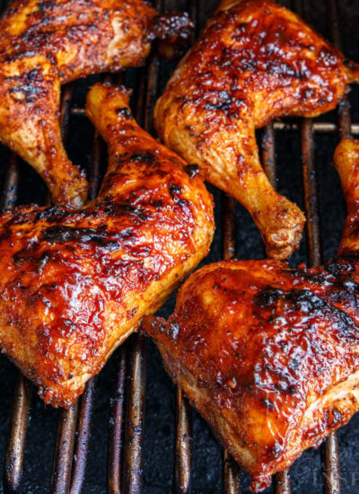 Smoked Chicken Leg Quarters on the grill.
