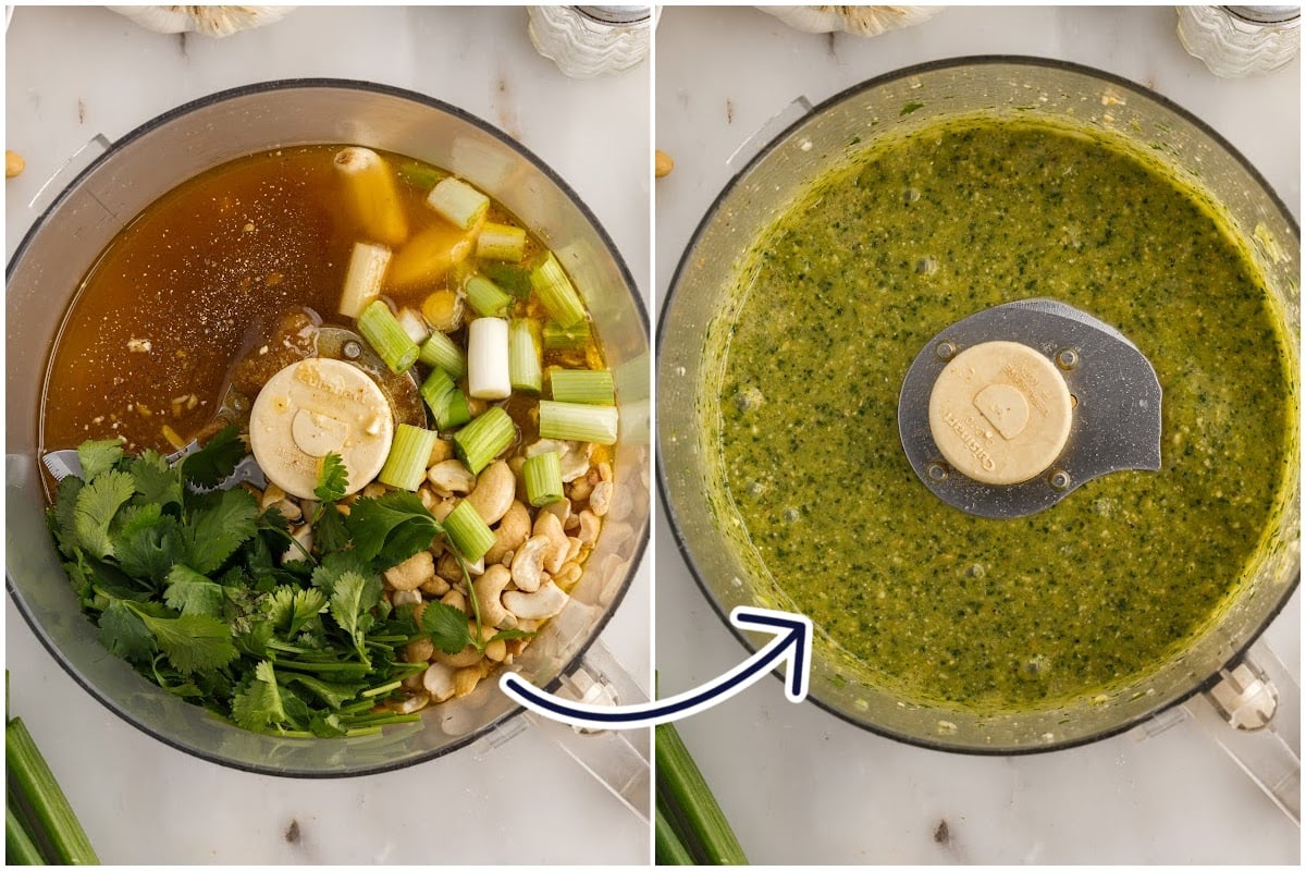 Side by side images of a food processor with Cheesecake Factory Avocado Egg Roll dipping sauce in one and the sauce processed together in the other.