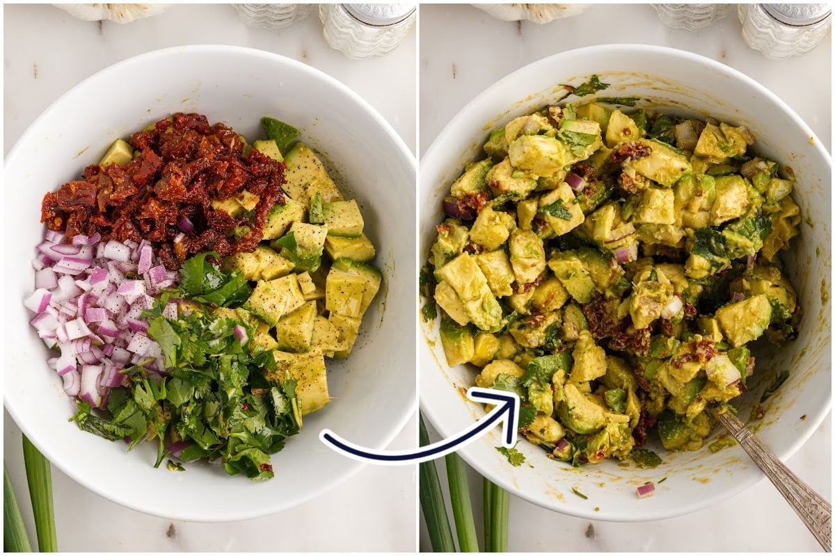 Two images of Cheesecake Factory Avocado Egg Roll filling ingredients in a mixing bowl and ingreidents after being mixed together.