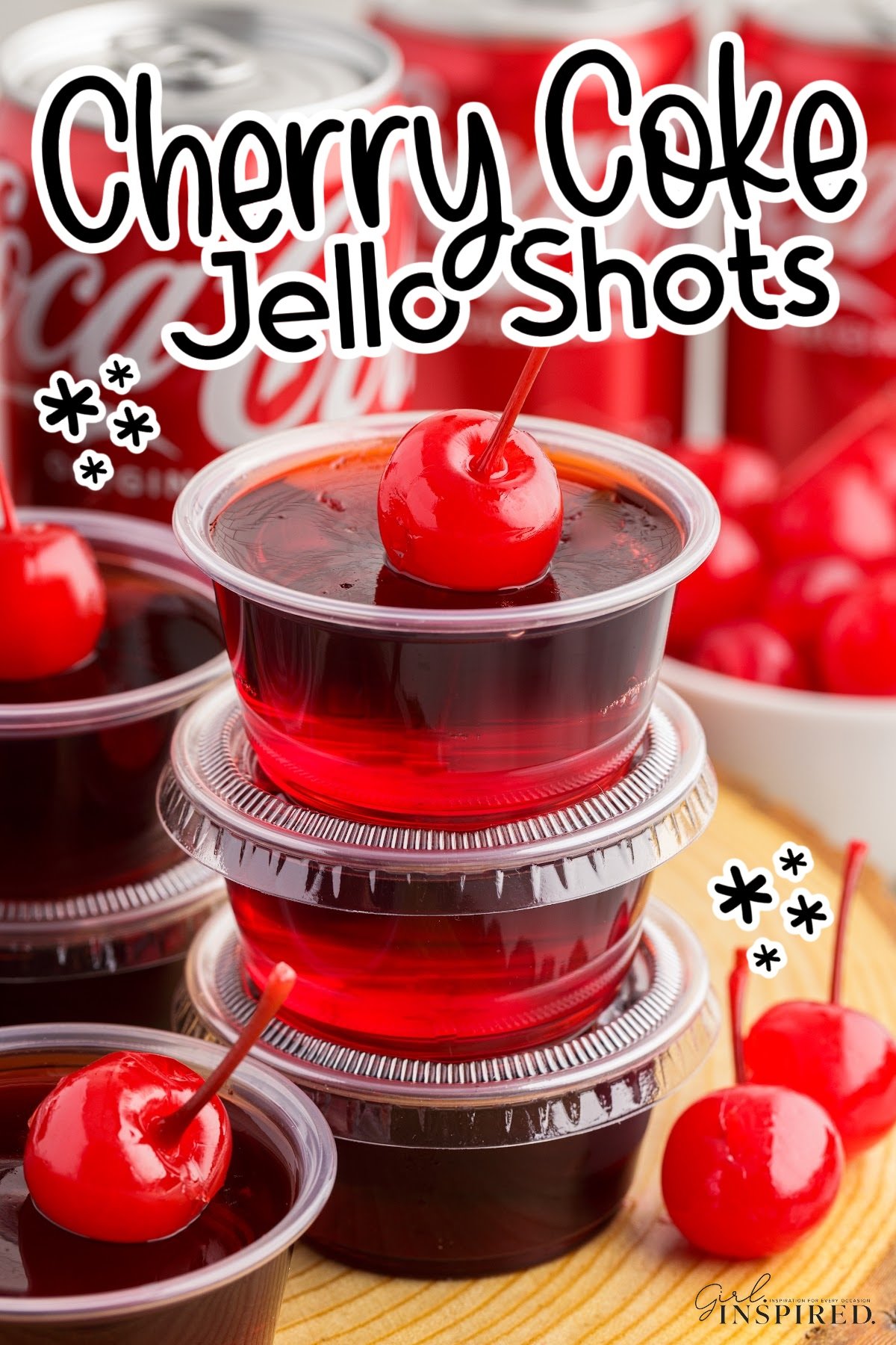 Three Cherry Coke Jello Shots stacked on each other with text overlay.