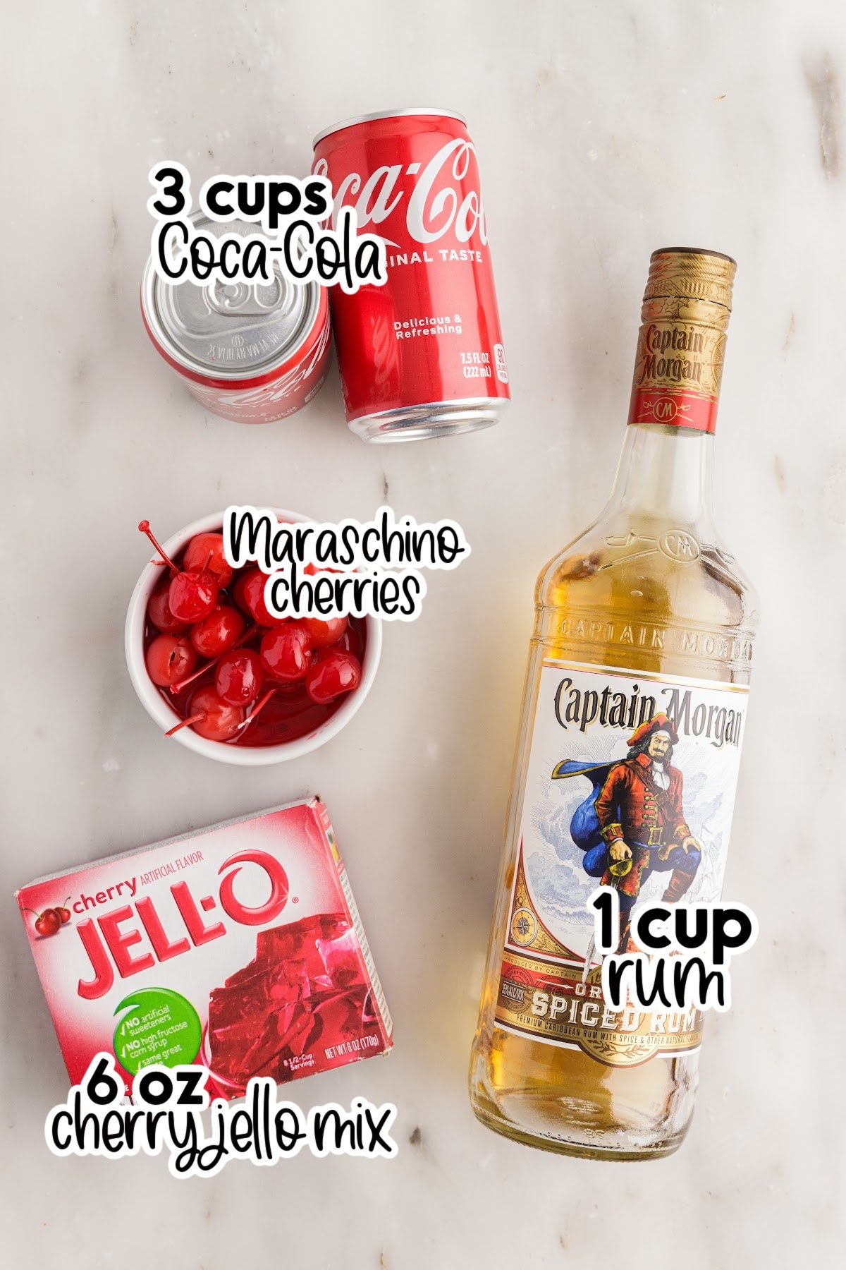 Ingredients needed to make Cherry Coke Jello Shots with text overlay.