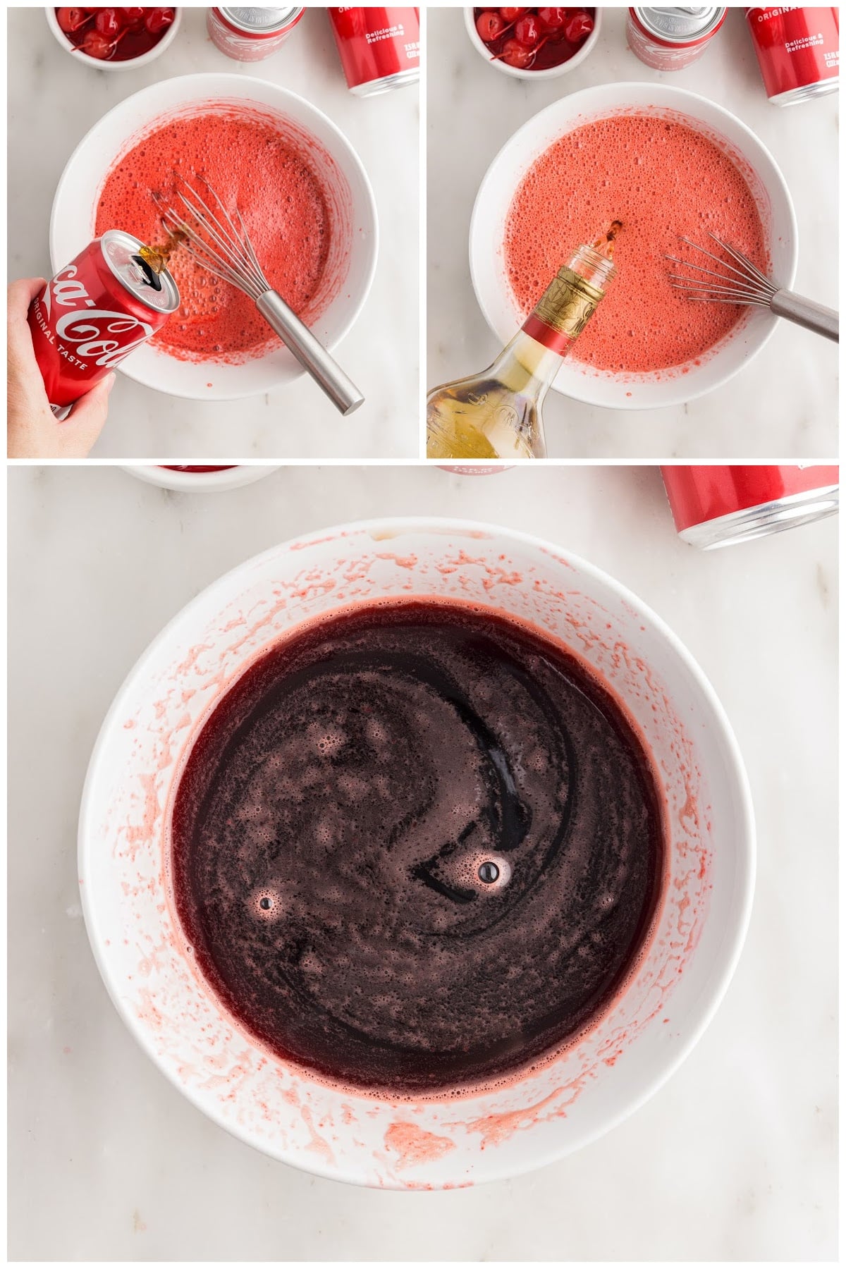 Three images of additional Coke being poured into mixture, rum added to mixture and the Cherry Coke Jello Shot mixture in a mixing bowl.