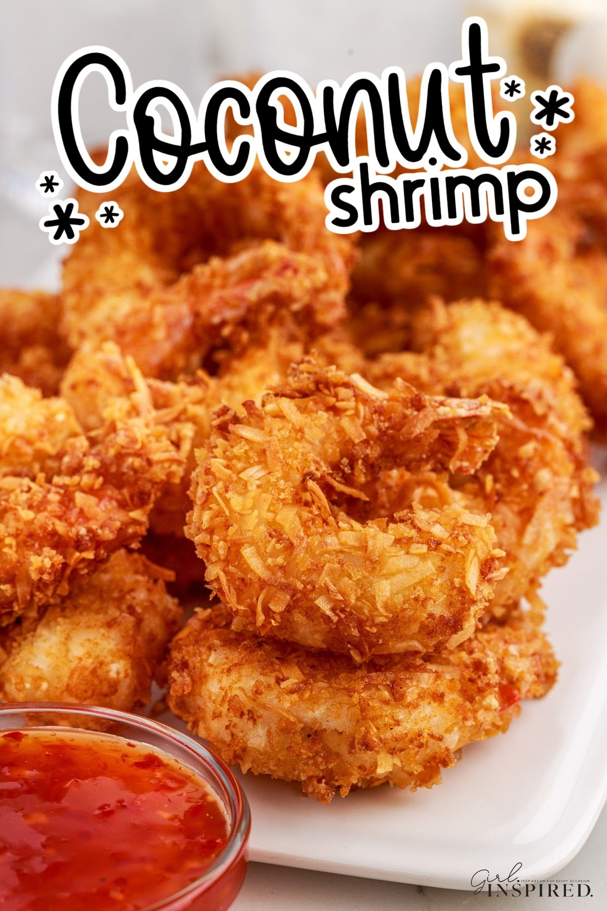 Coconut Fried Shrimp on a platter with text overlay.