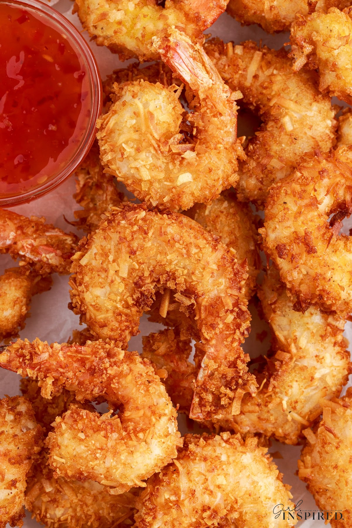 Overhead close up of a plate of Coconut Fried Shrimp.