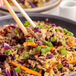 Close up of Crack Slaw with chop sticks.