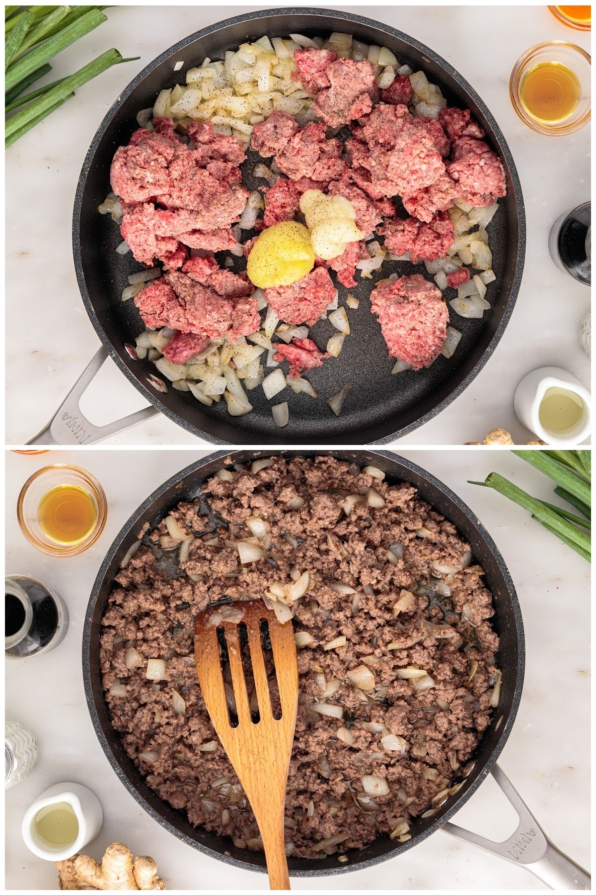 Two images of ground beef and ginger added to onions and ground beef after being cooked in skillet.