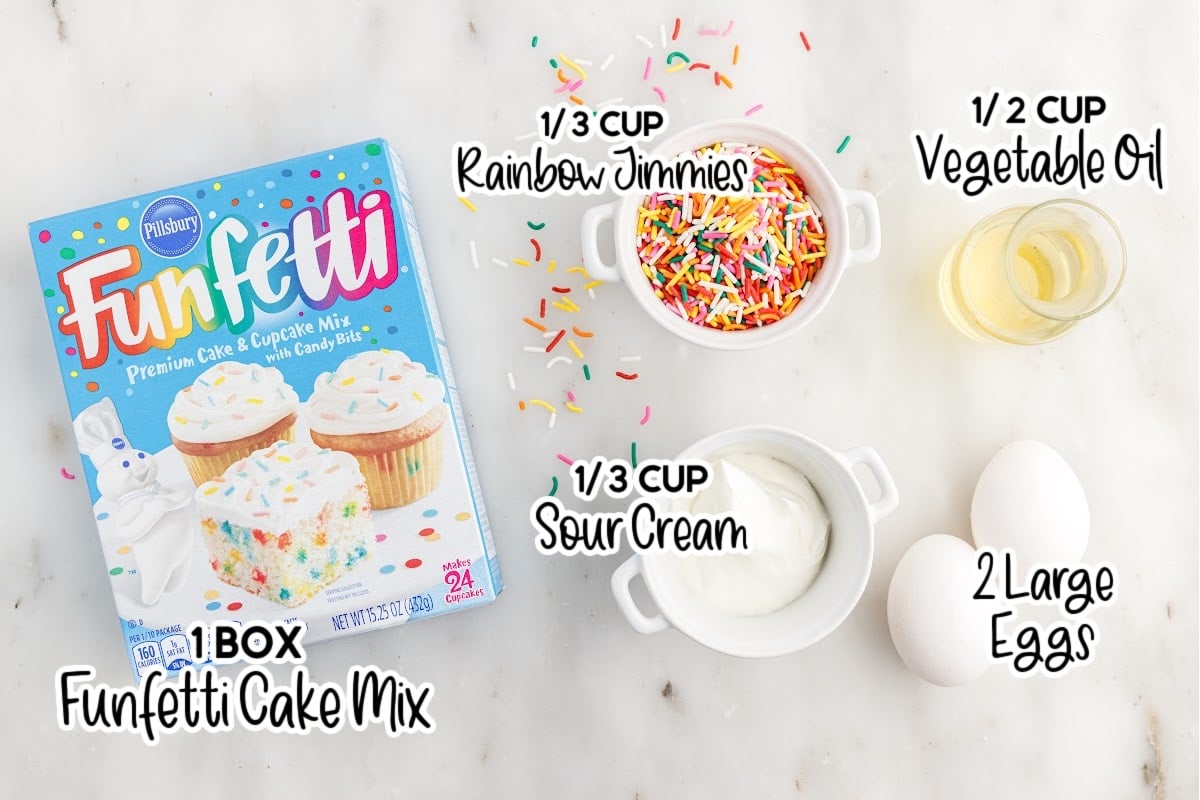 Ingredients needed to make Confetti Cake Mix Cookies with text overlay.