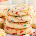 Close up of a stack of four Confetti Cake Mix Cookies.