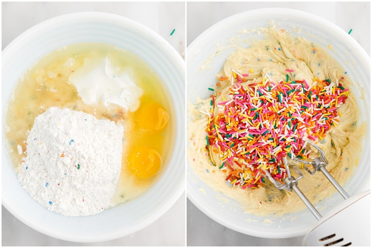 Side by side images of Confetti Cake Mix Cookie ingredients in a bowl and a bowl after ingredients have been mixed with sprinkles added.