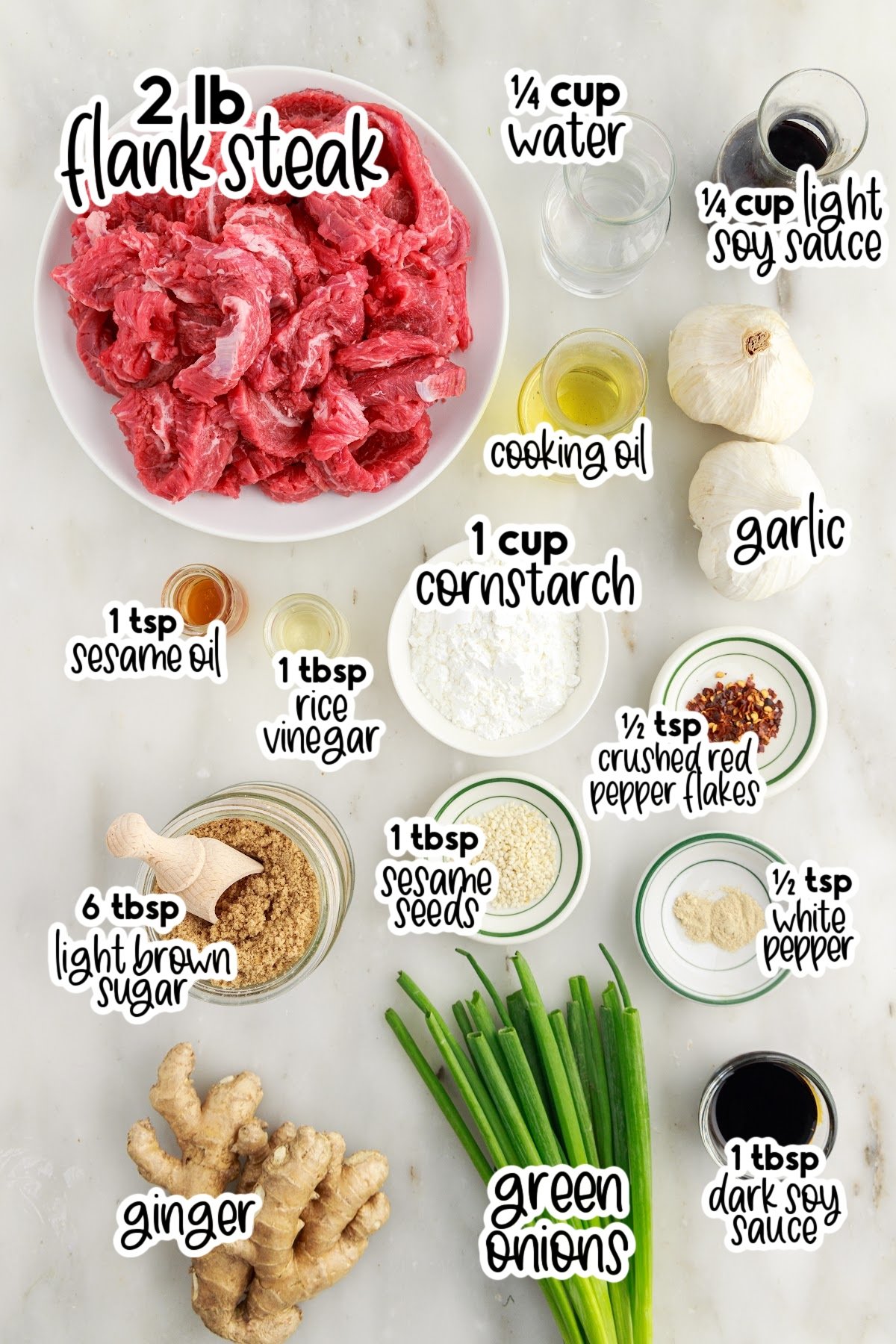 Ingredients needed to make Ginger Beef with text overlay.