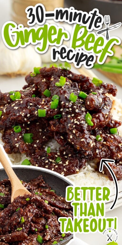 Two images of Ginger Beef over rice and in a skillet with text overlay.