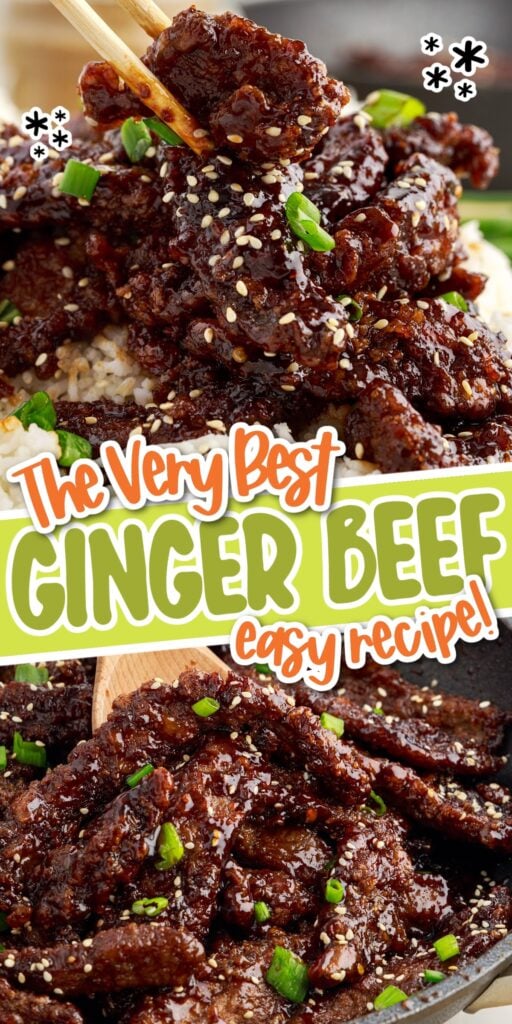 Two images of Ginger Beef with text overlay.