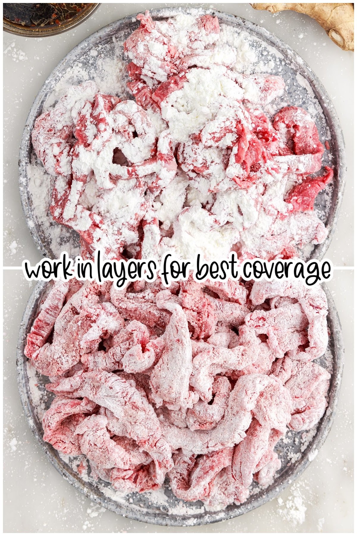Two image of meat covered in flour with text overlay.