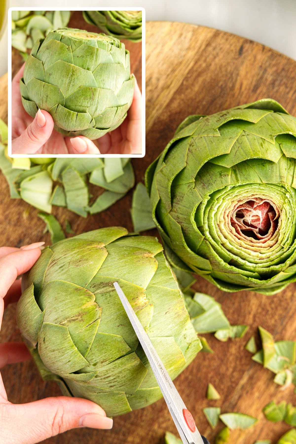 An artichoke being sliced and an image of a whole artichoke.