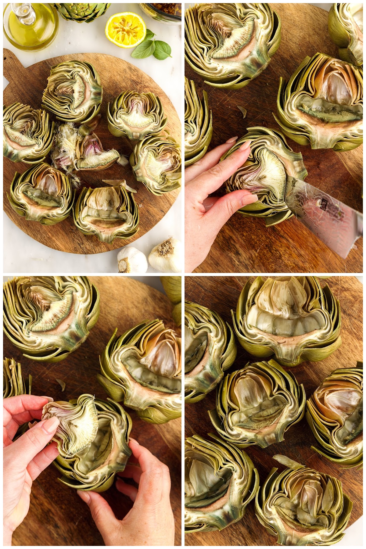 Four images of Grilled Artichokes and the steps to take out the choke.