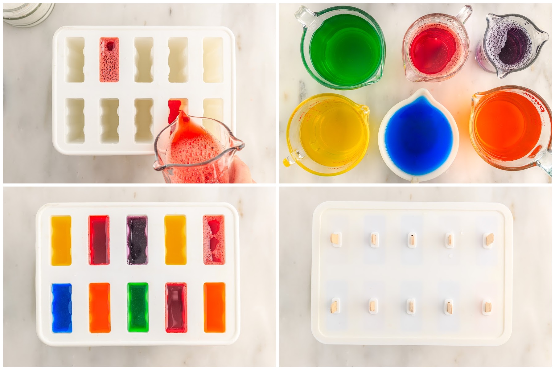 Four images of Popsicle molds being filled.