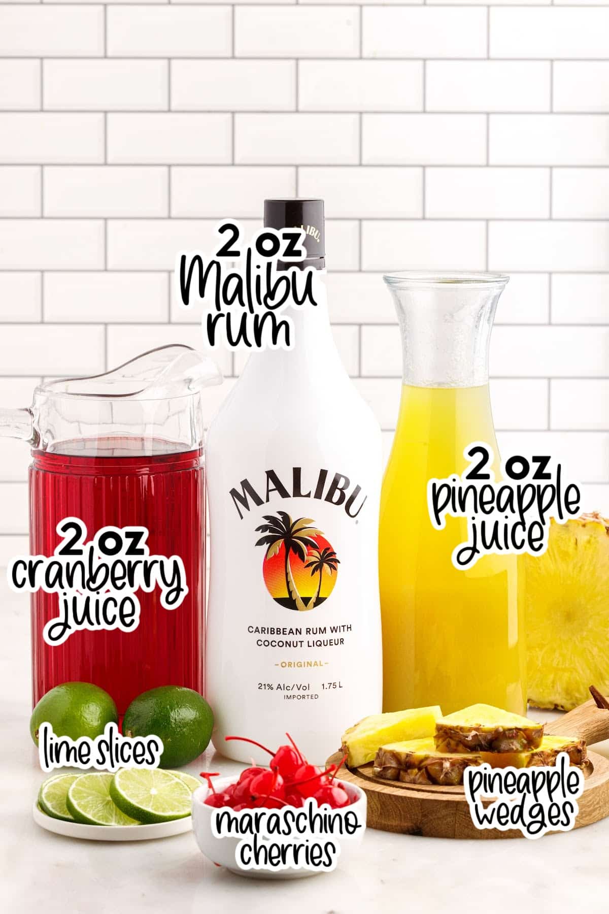 Ingredients needed to make Malibu Bay Breeze with text overlay.