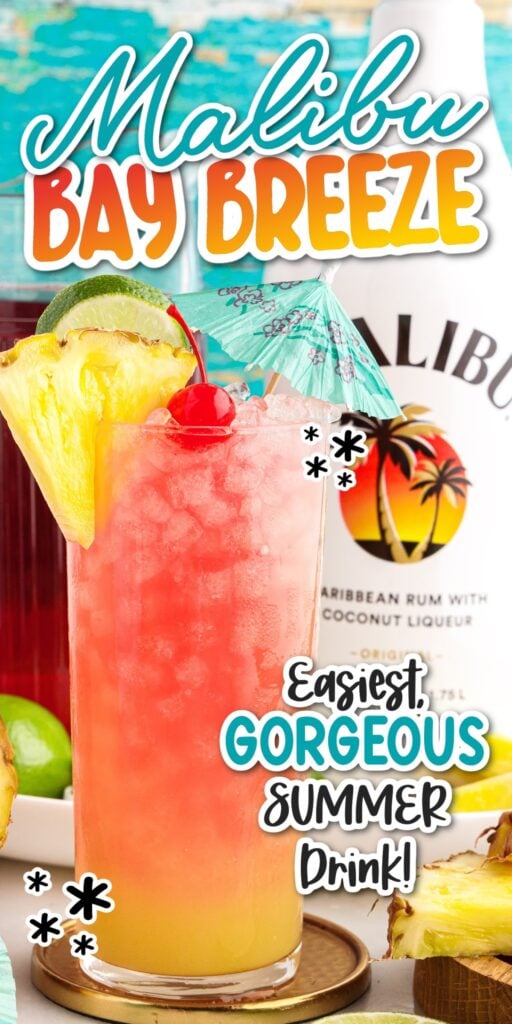 A glass of Malibu Bay Breeze with a bottle of Malibu in the background with text overlay.