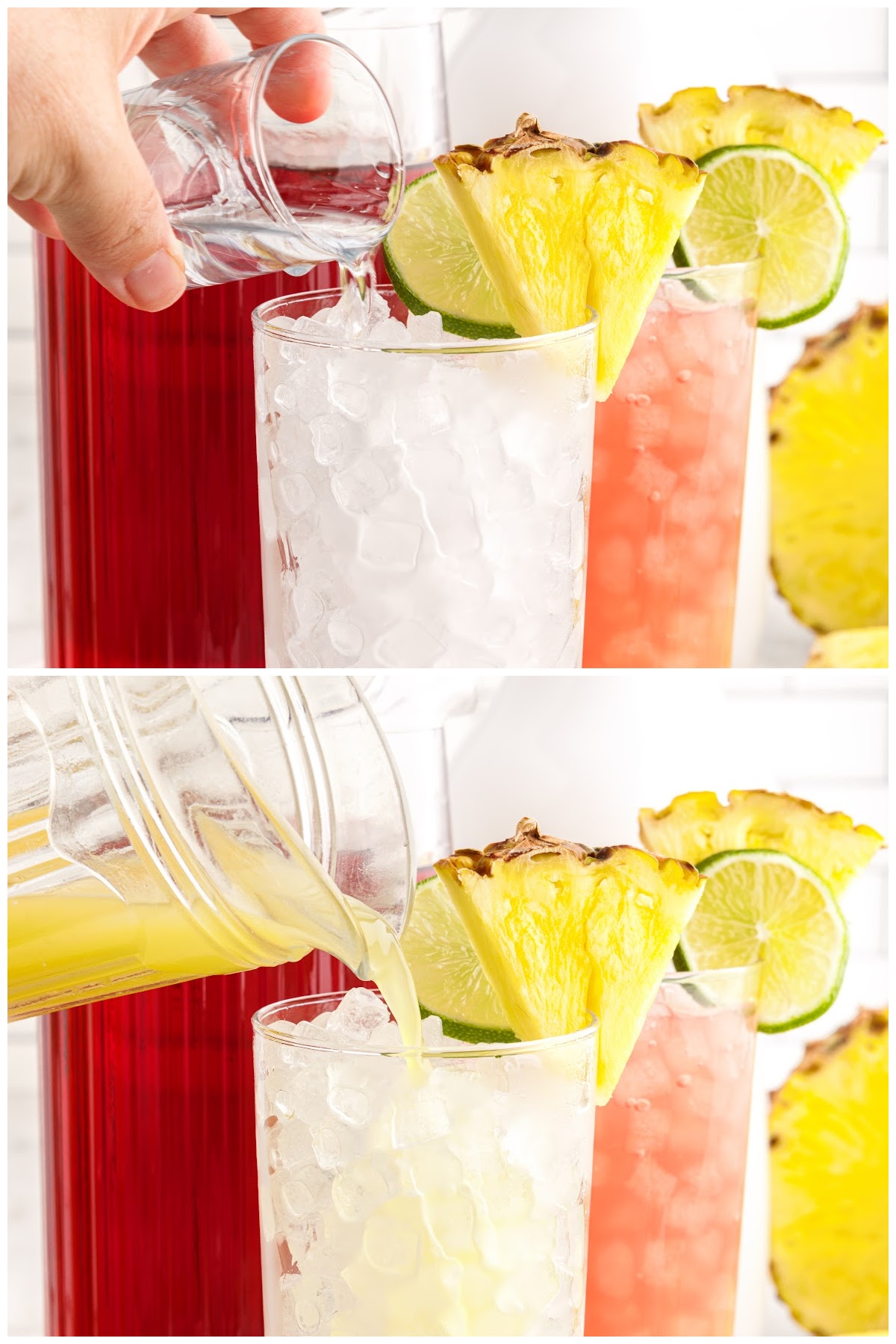 Two images of rum added to a glassful of ice and pineapple juice added.