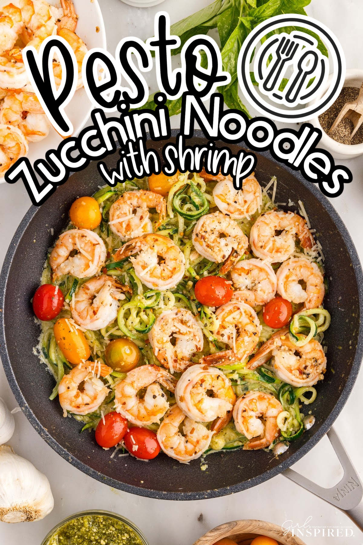 Overhead view of Pesto Zucchini Noodles with Shrimpin a skillet with text overlay.