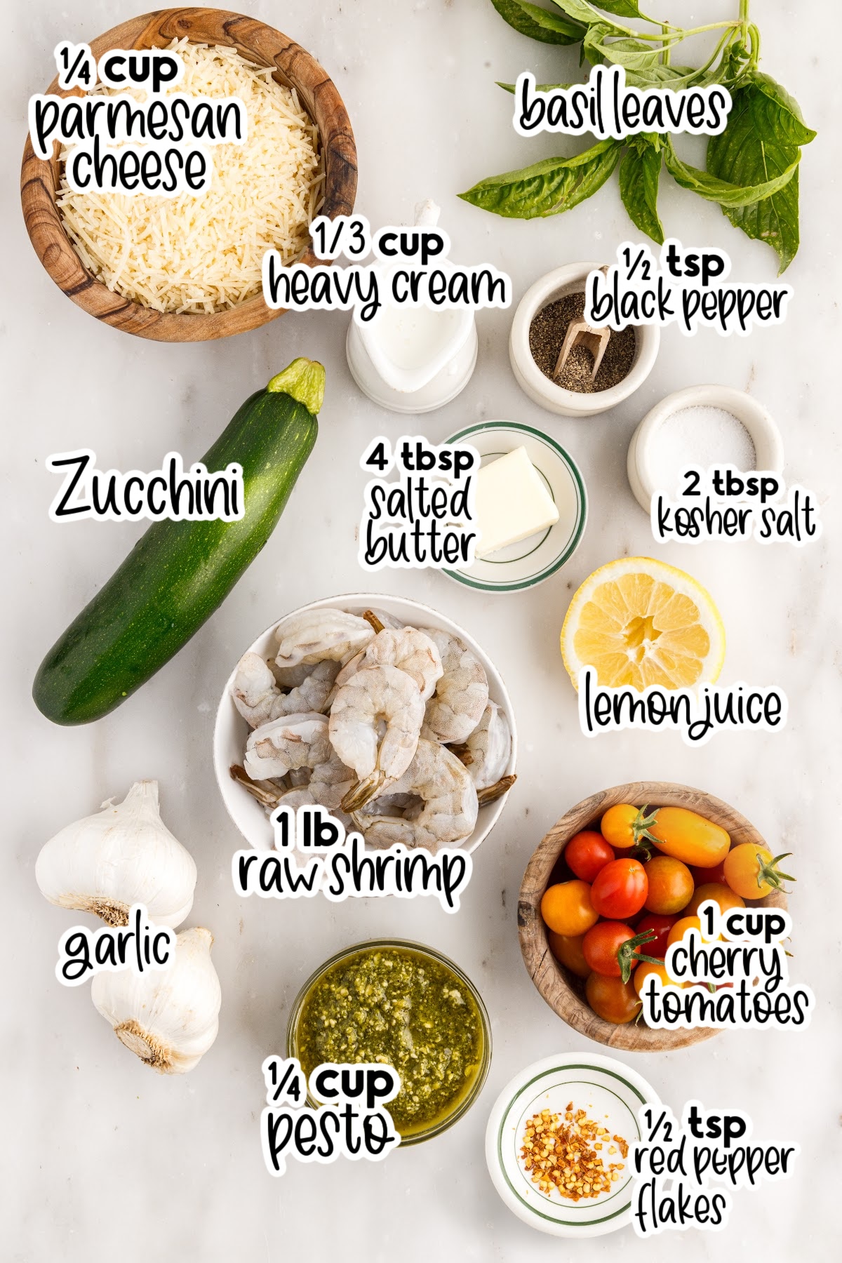 Ingredients needed to make Pesto Zucchini Noodles with Shrimp with text overlay.