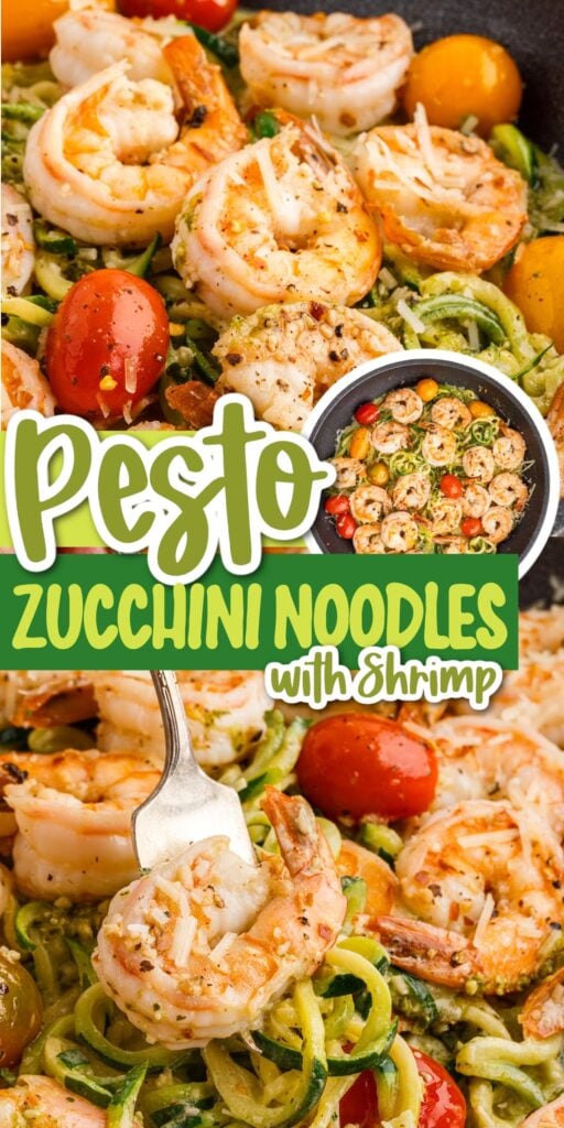 Pesto Zucchini Noodles with Shrimp with text overlay in a skillet and a close up.