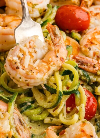 Close up of Pesto Zucchini Noodles with Shrimp.