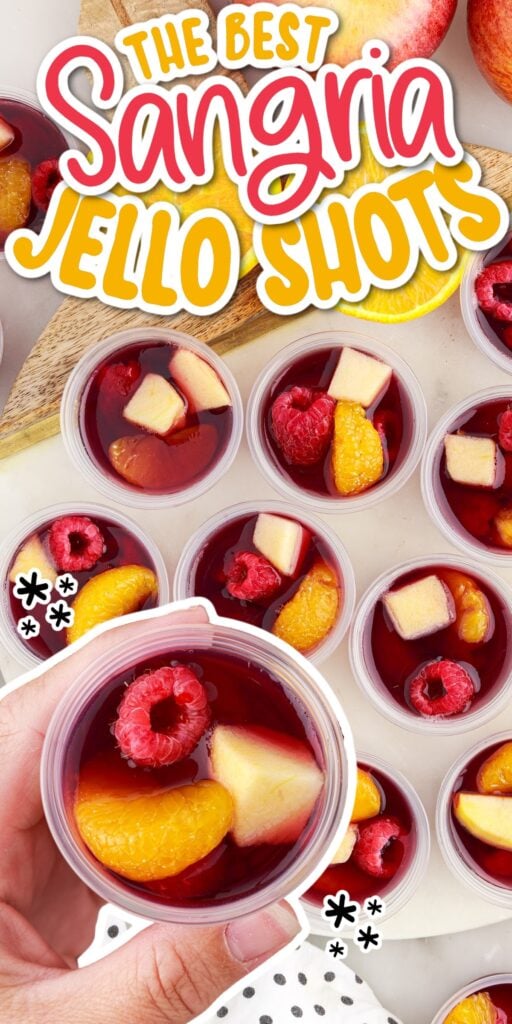 Overhead view of Sangria Jello Shots with text overlay.