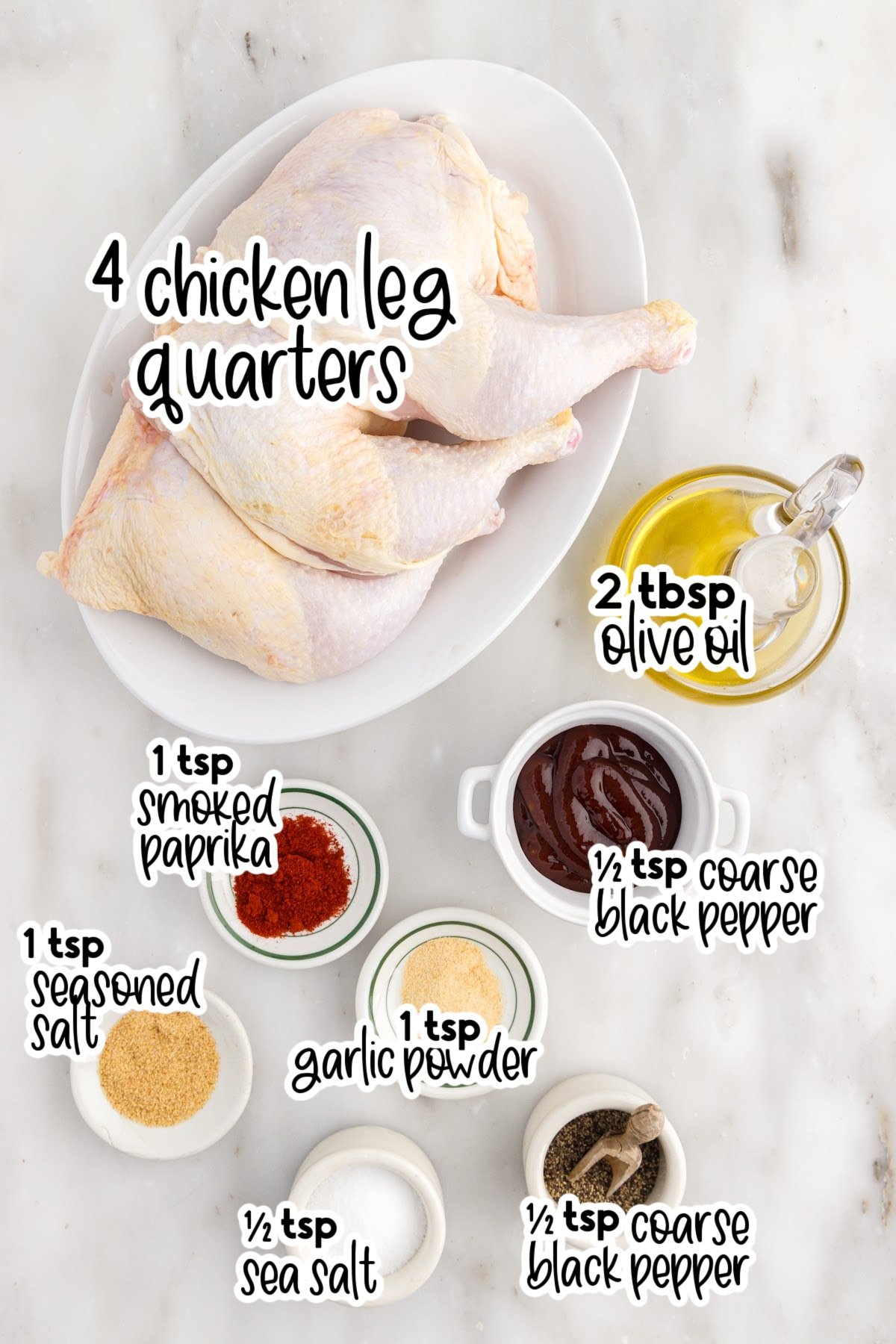 Ingredients needed to make Smoked Chicken Leg Quarters with text overlay.