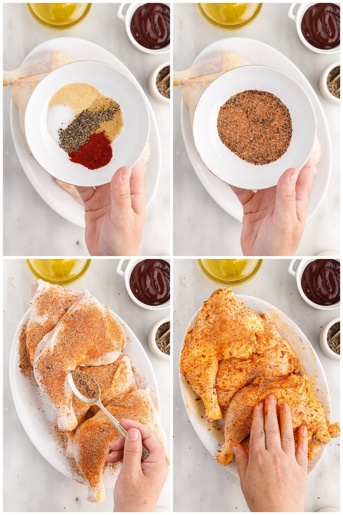 Four images of chicken leg quarters being seasoned.