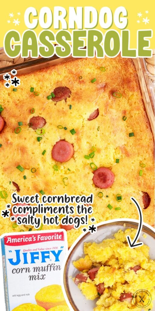 Corn Dog Casserole in a casserole dish, on a plate and a box of corn muffin mix with text overlay.