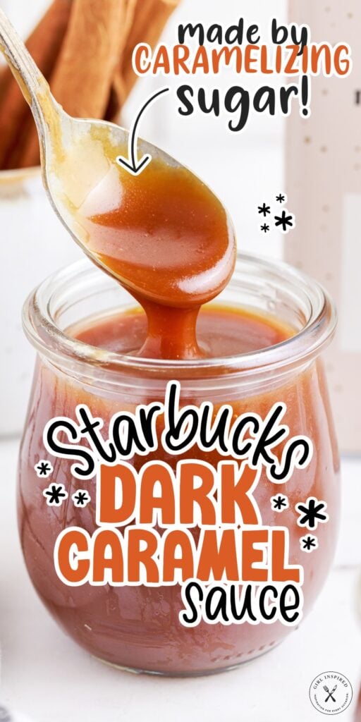 Starbucks Dark Caramel Sauce in a clear small cup with text overlay.