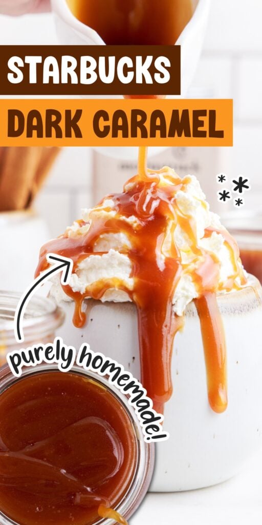 Two images of the top of a jar of Starbucks Dark Caramel Sauce and Starbucks Dark Caramel Sauce being drizzled on a drink with text overlay.