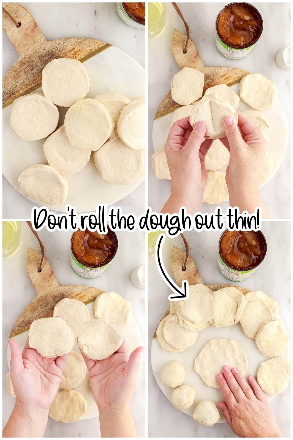 Four images of dough being prepared for Apple Pie Bombs with text overlay.