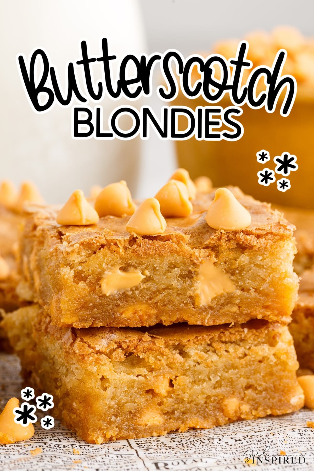 Two Butterscotch Blondies stacked on each other with text overlay.