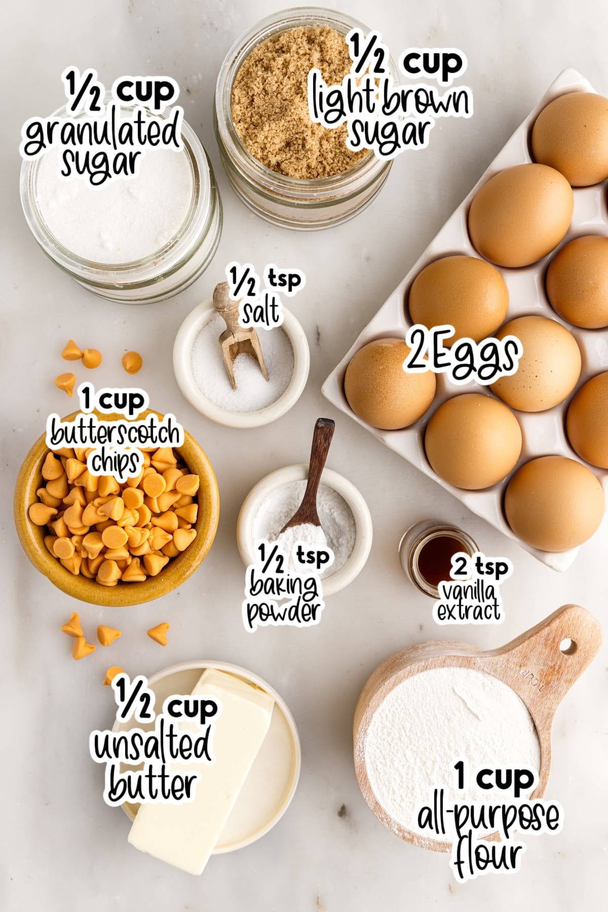 Ingredients needed to make Butterscotch Blondies with text overlay.