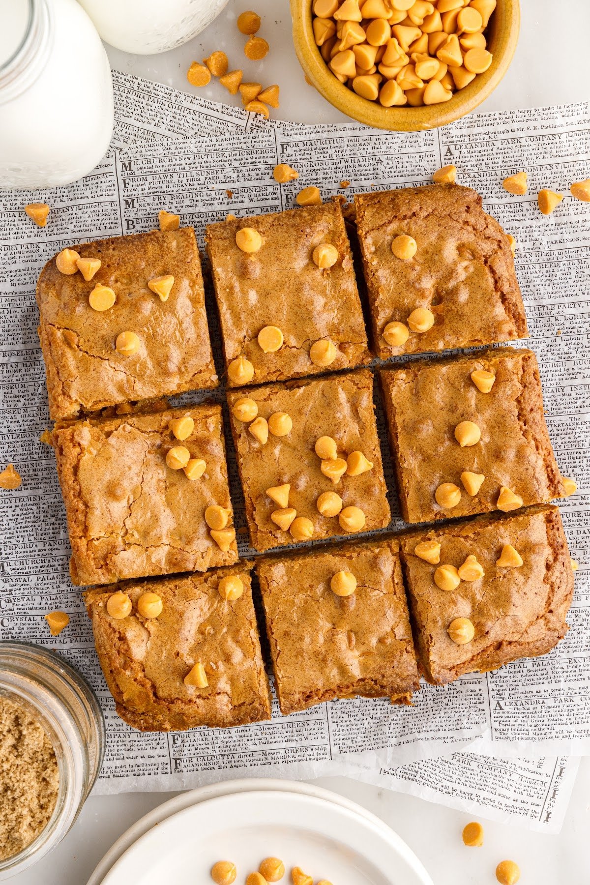 Butterscotch Blondies cut into 9 squares.