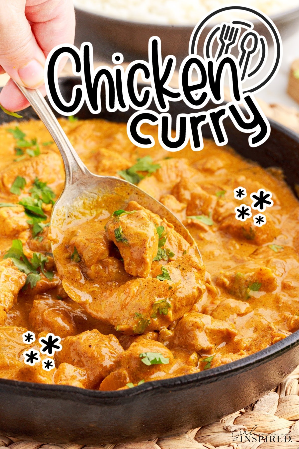 Curry Chicken in a skillet with text overlay.