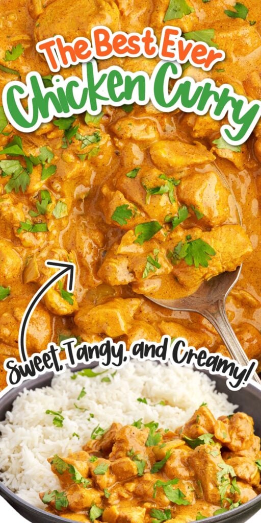 Curry Chicken and Curry Chicken next to rice with text overlay.