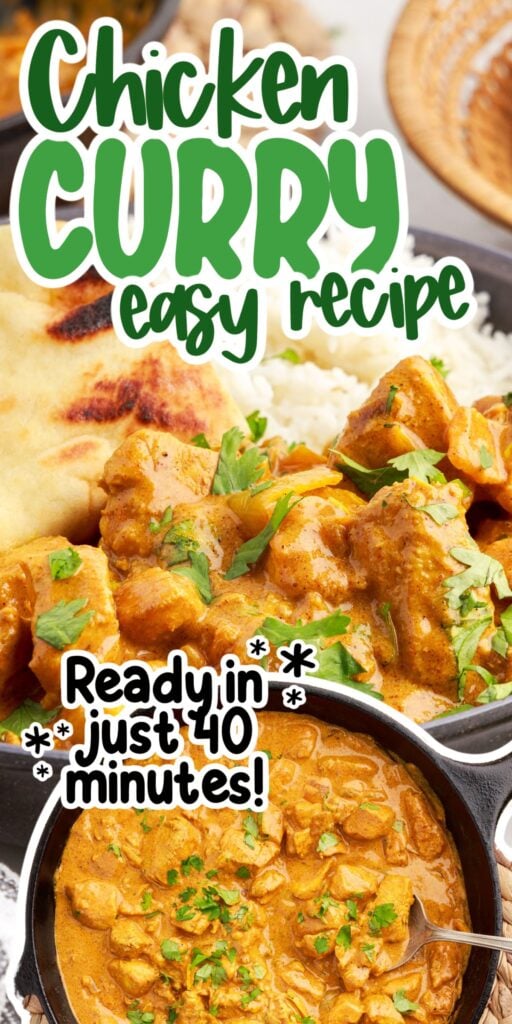 A plate of Curry Chicken and rice and Curry Chicken in a skillet with text overlay.