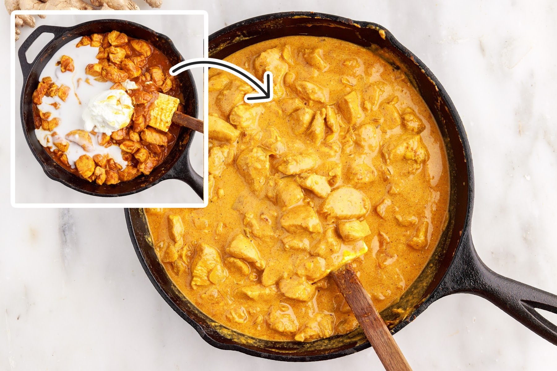 Coconut milk and Greek yogurt added to the skillet and a skillet of Curry Chicken mixed together with a spatula.