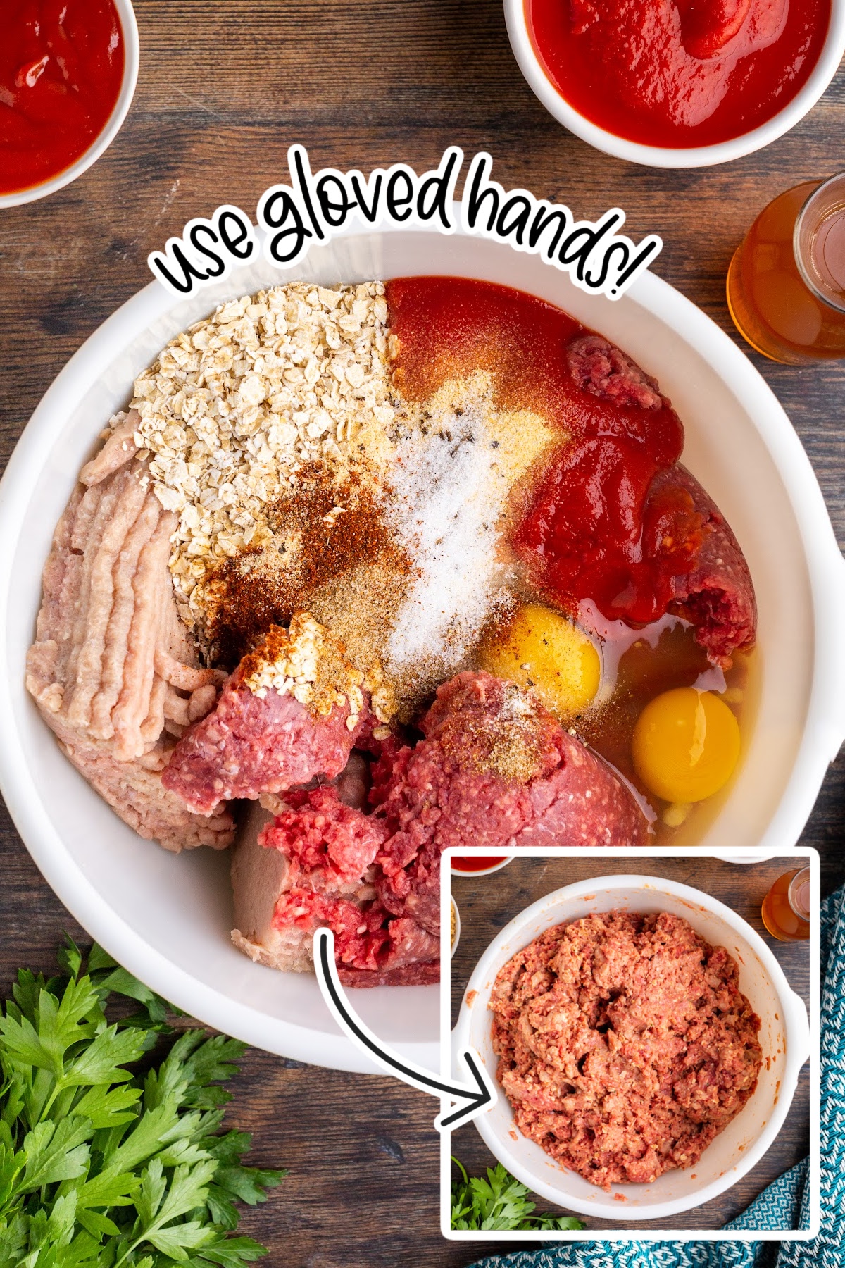 Ingredients added to a mixing bowl and an image of meat after it has been mixed with text overlay.