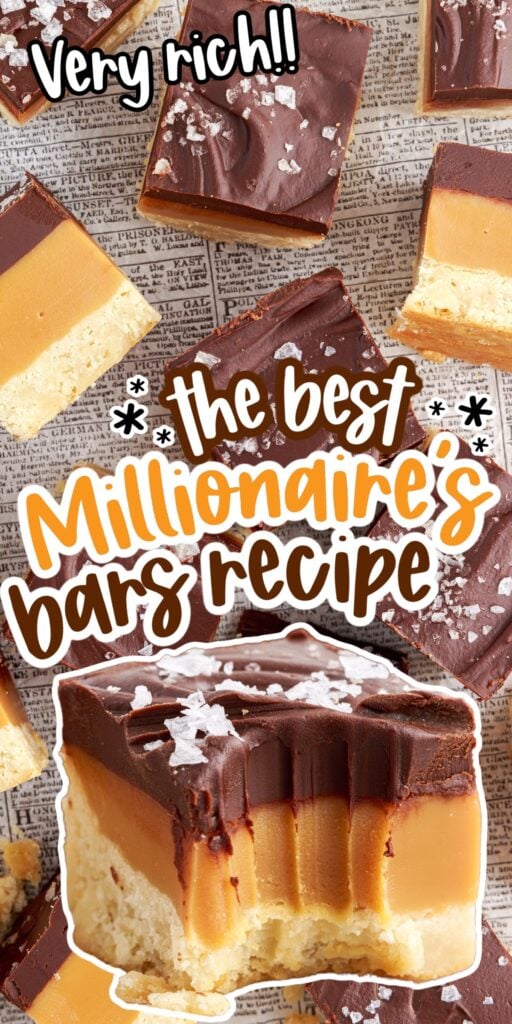 Millionaire Bars cut into square and one in the foreground with a bite taken from it with text overlay.