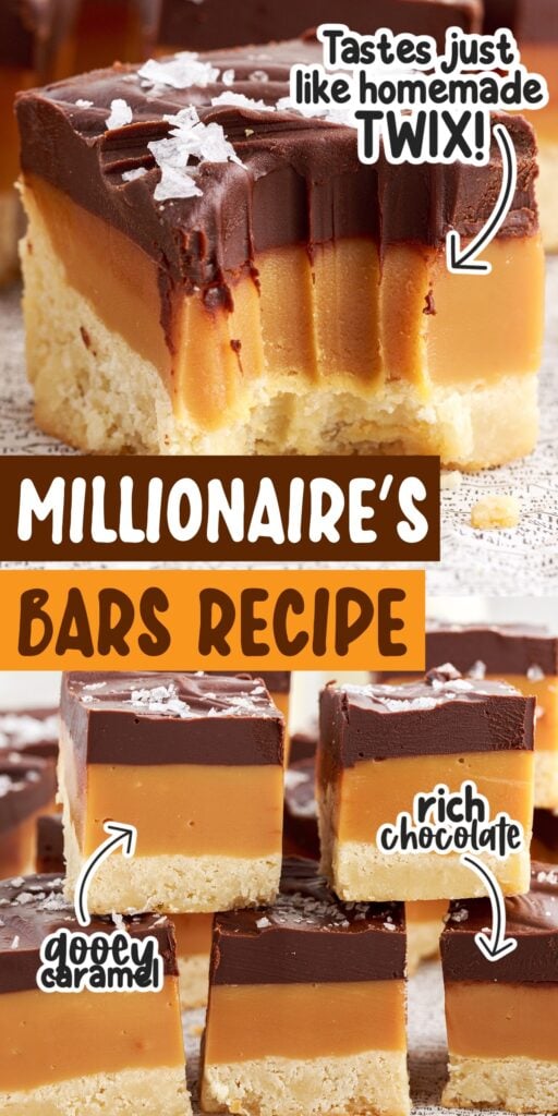 Two images of a Millionaire Bar with a bite taken from it and Millionaire Bars stacked on each other with text overlay.