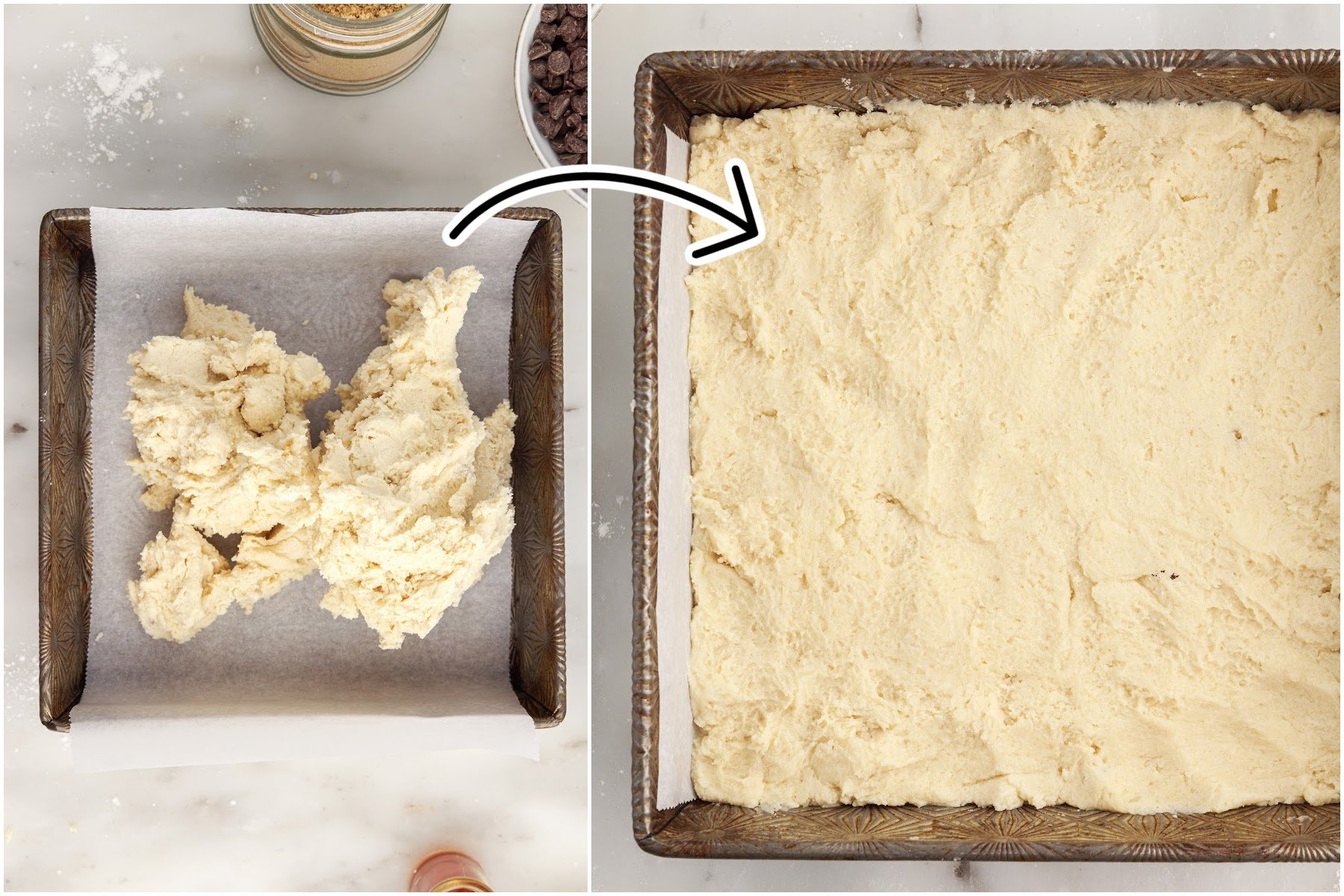 Two images of Millionaire Bar dough added to a parchment lined 8x8 and Millionaire Bar dough after being spread out.
