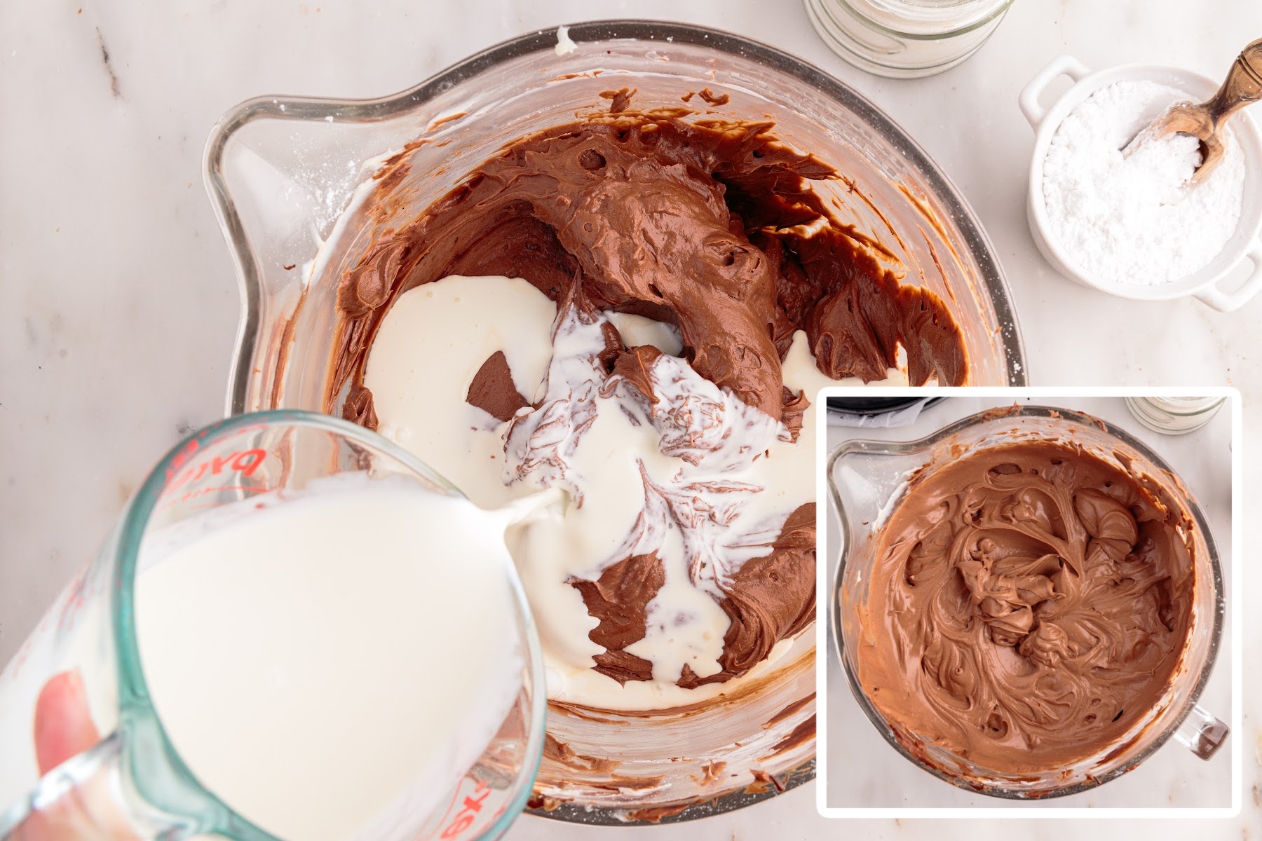 Two images of heavy cream added to cream cheese chocolate mixture and mixture after stirred being stirred together.