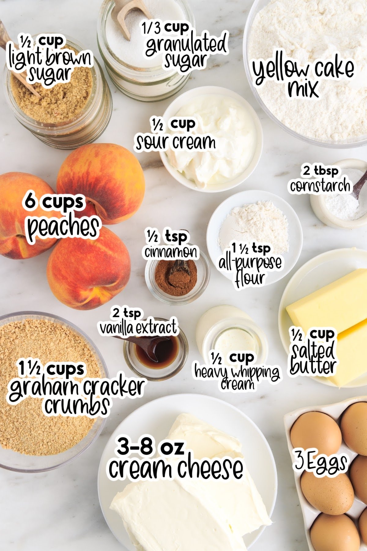 Ingredients needed to make Peach Cobbler Cheesecake with text overlay.
