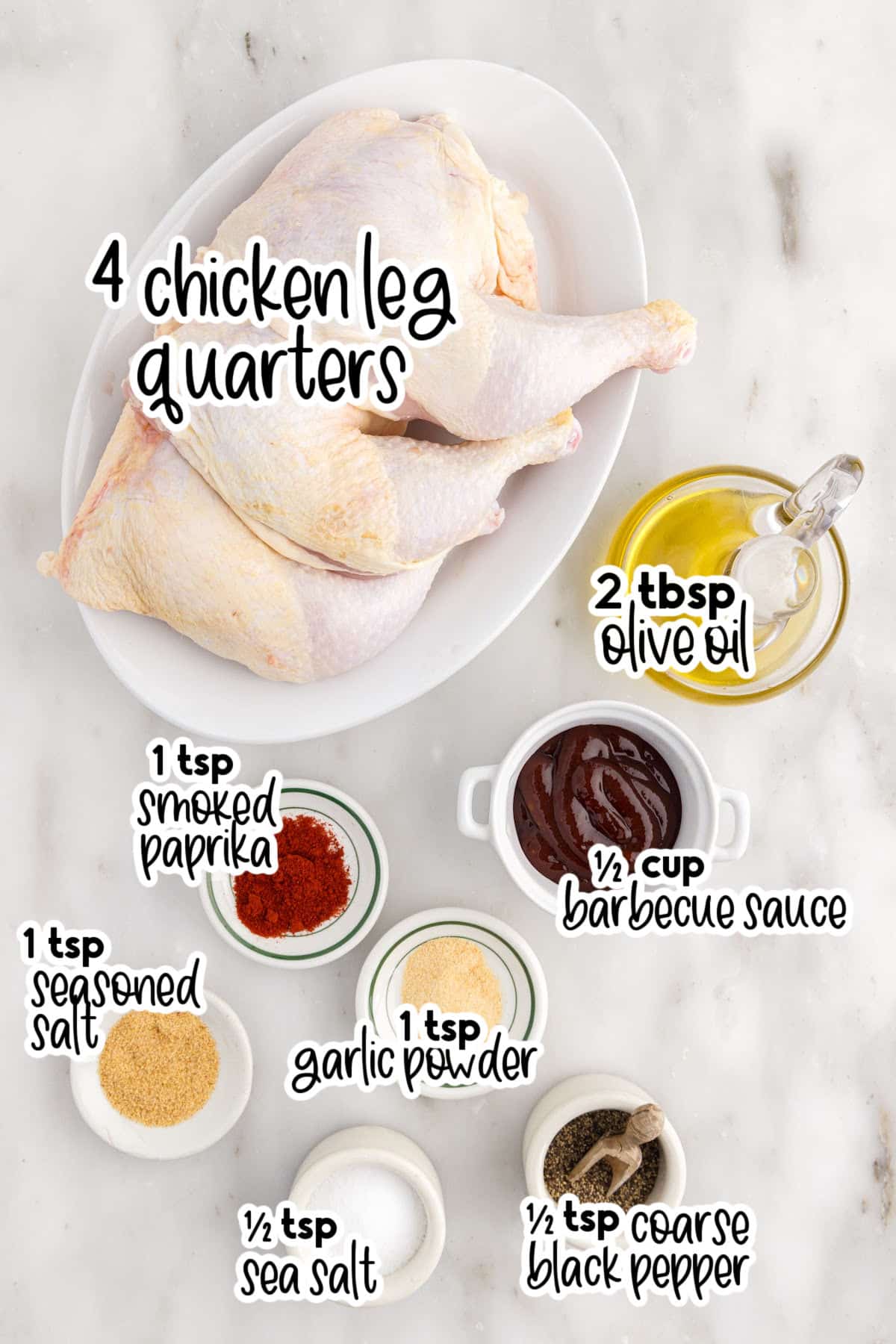 Ingredients needed to make Smoked Chicken Leg Quarters with text overlay.