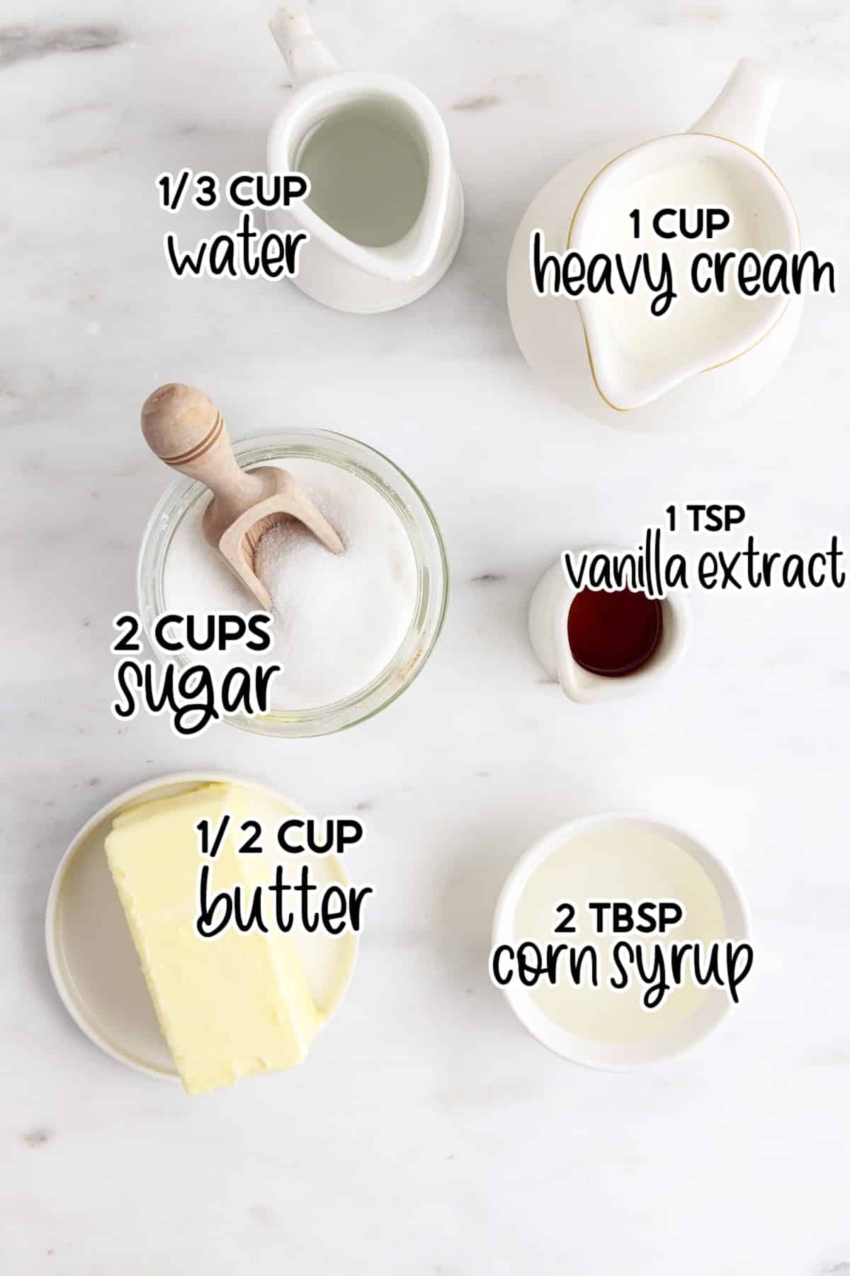 Ingredients needed to make Starbucks Dark Caramel Sauce with text overlay.