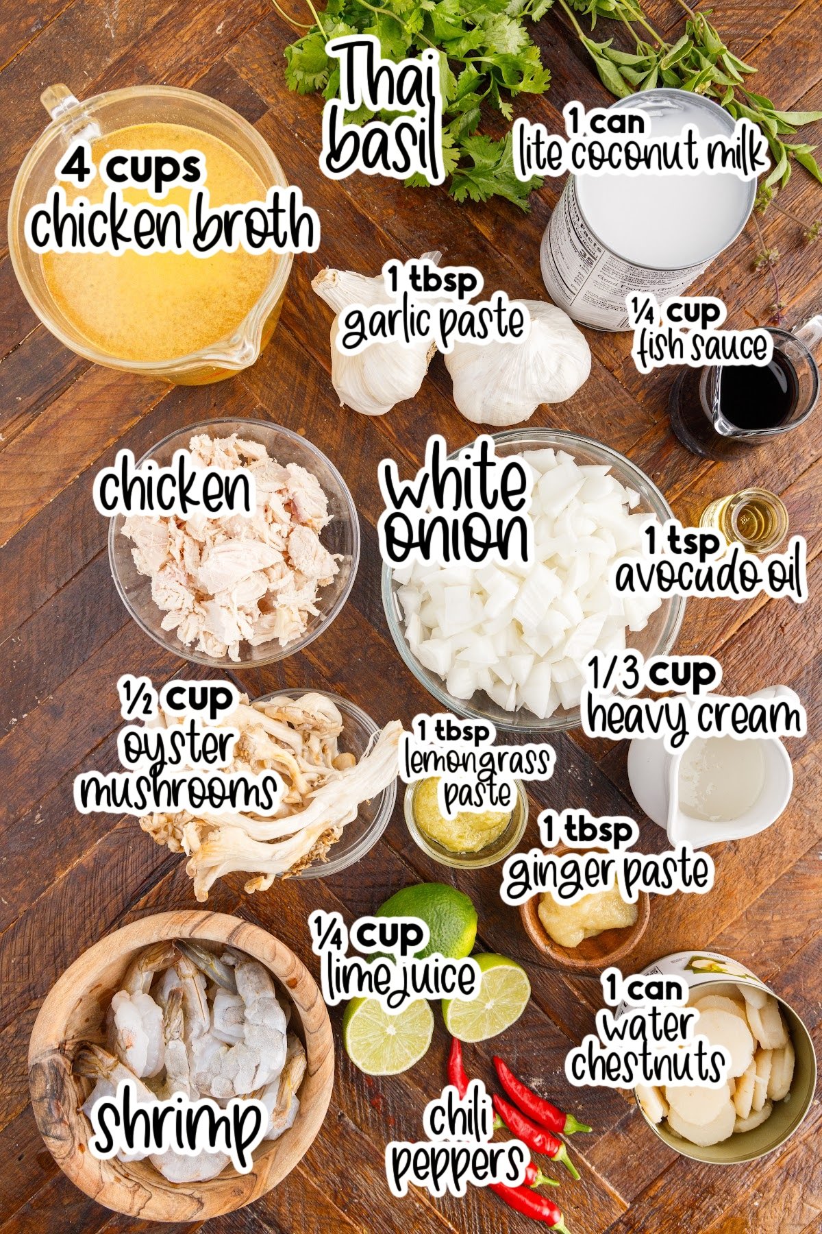 Ingredients needed to make Thai Coconut Soup with text overlay.